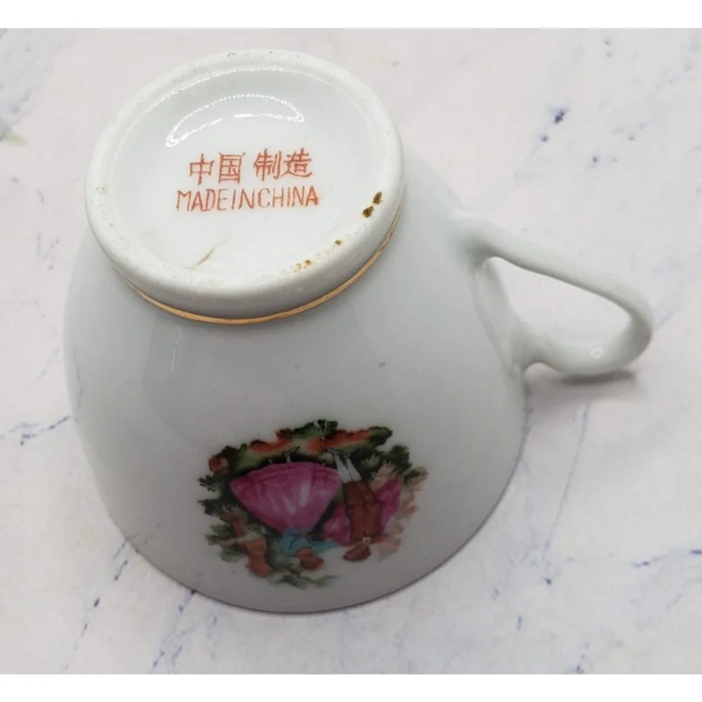 Vintage Porcelain Tea Cup and Saucer White w/Gold Trim and Dancing Couple